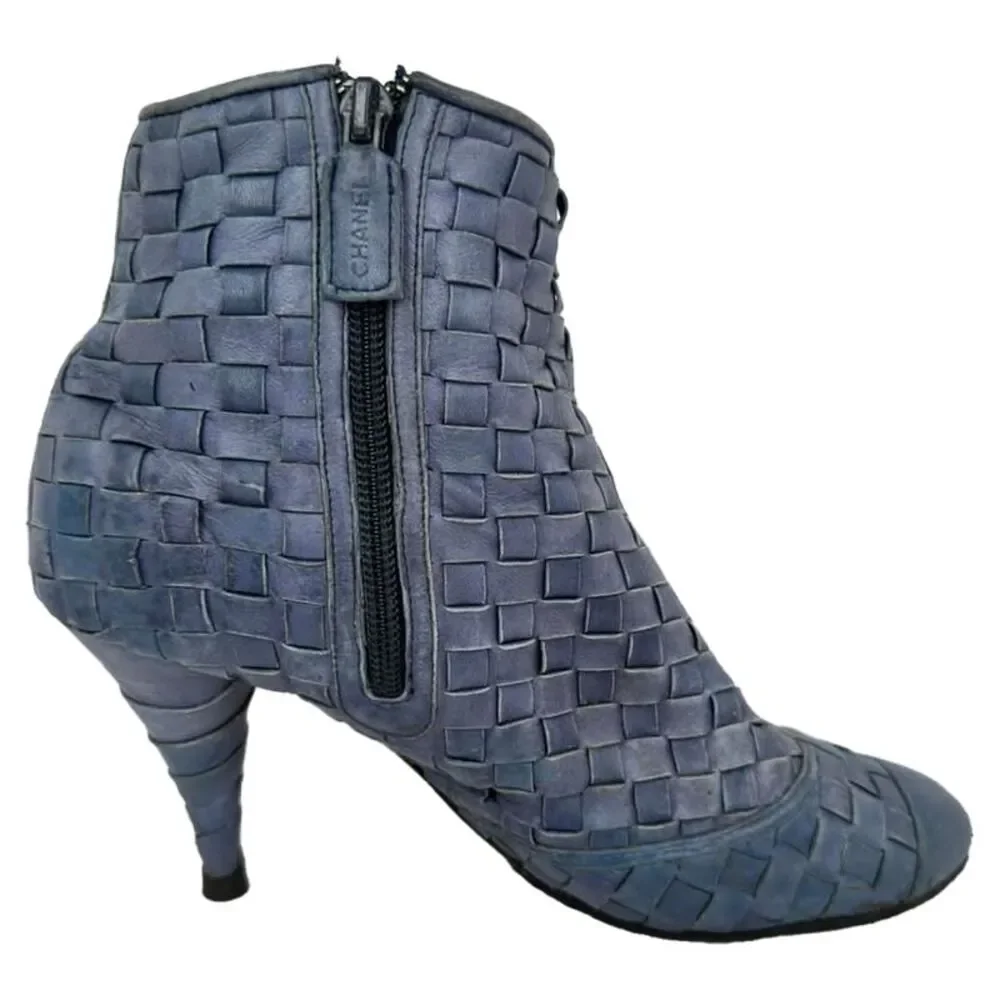 Chanel CC Woven Accent Ankle Boots in Blue Leather